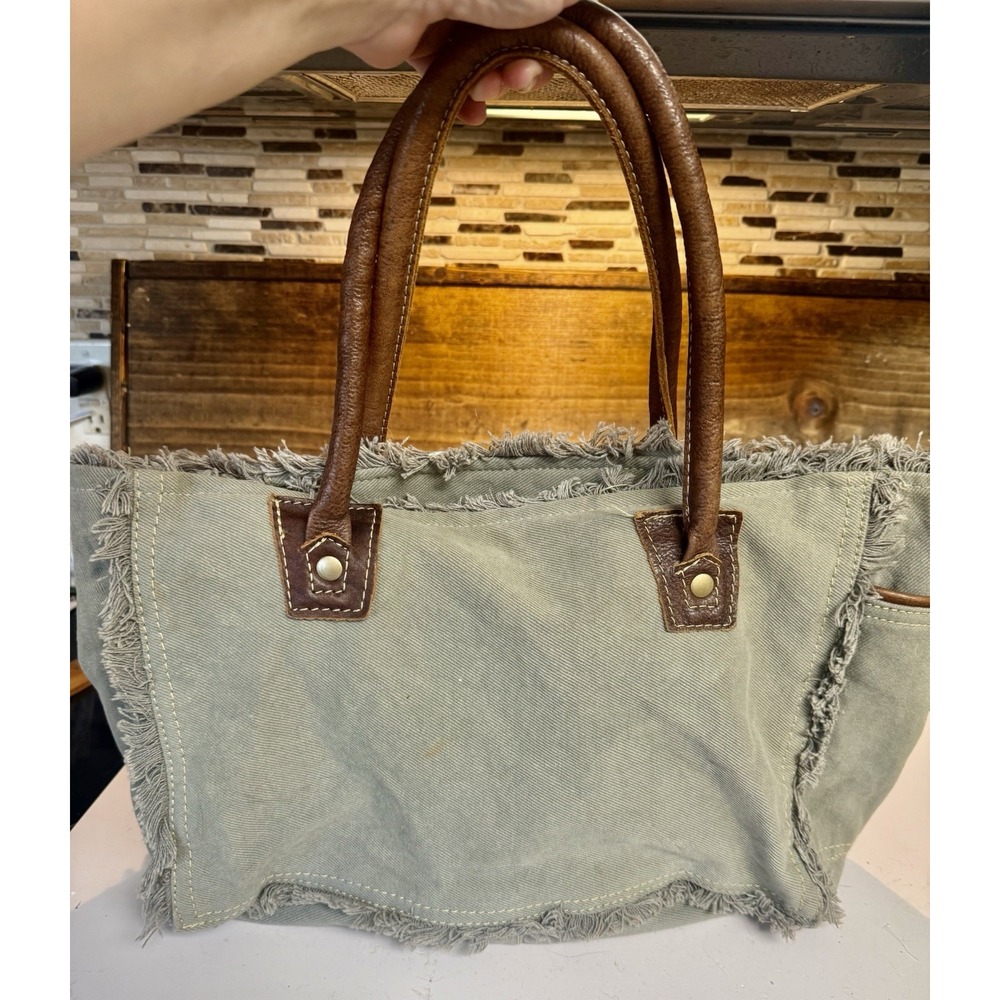 MYRA BAG Aqua Blue Canvas Floral Print Leather Handles Tote 100% cotton - Picture 7 of 16